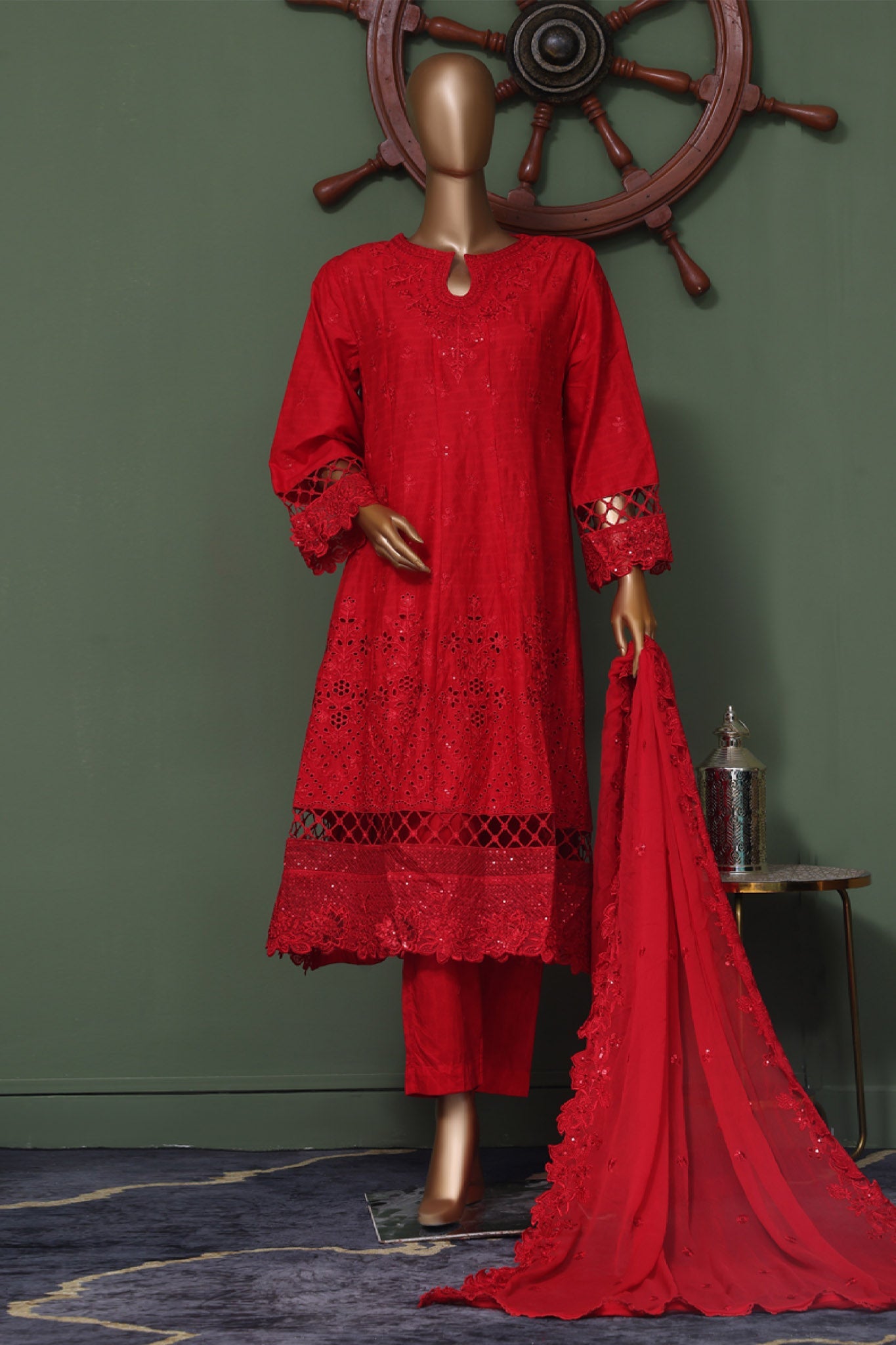 Bin Saeed Stitched 3 Piece Luxury Self Emb Cotton Frocks Collection (09)