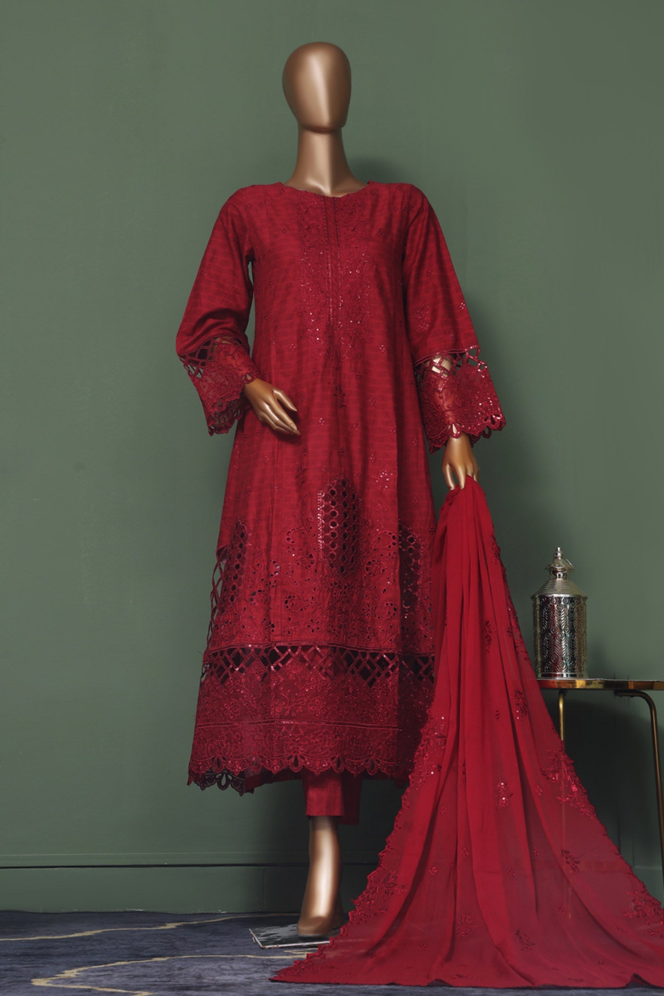 Bin Saeed Stitched 3 Piece Luxury Self Emb Cotton Frocks Collection (01)