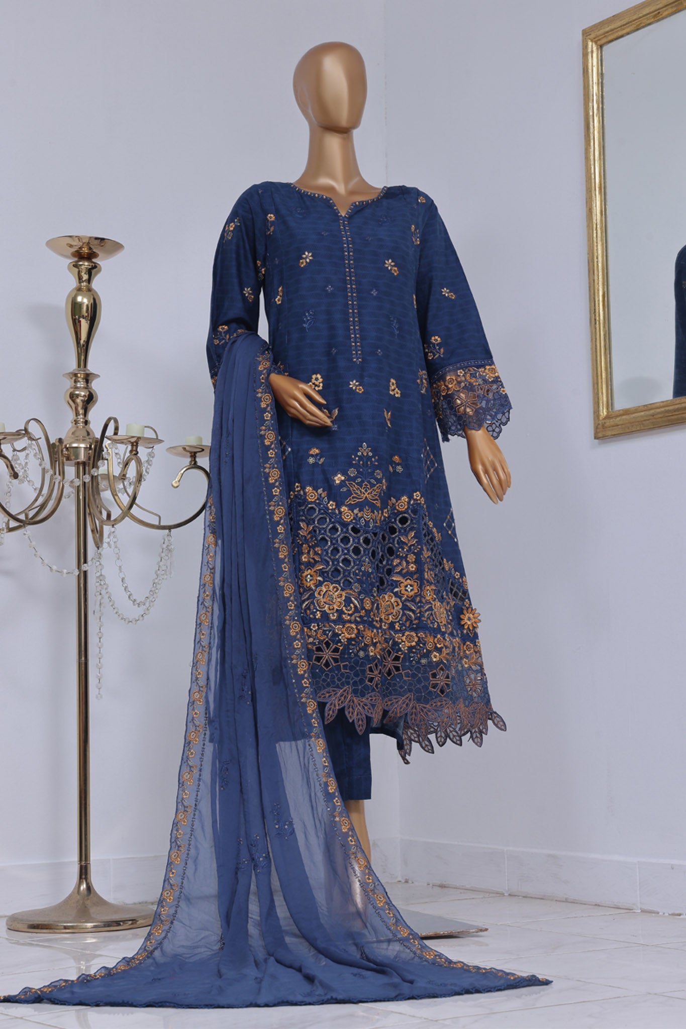 Bin Saeed Stitched 3 Piece Luxury Self Emb Cotton Frocks Collection (07)