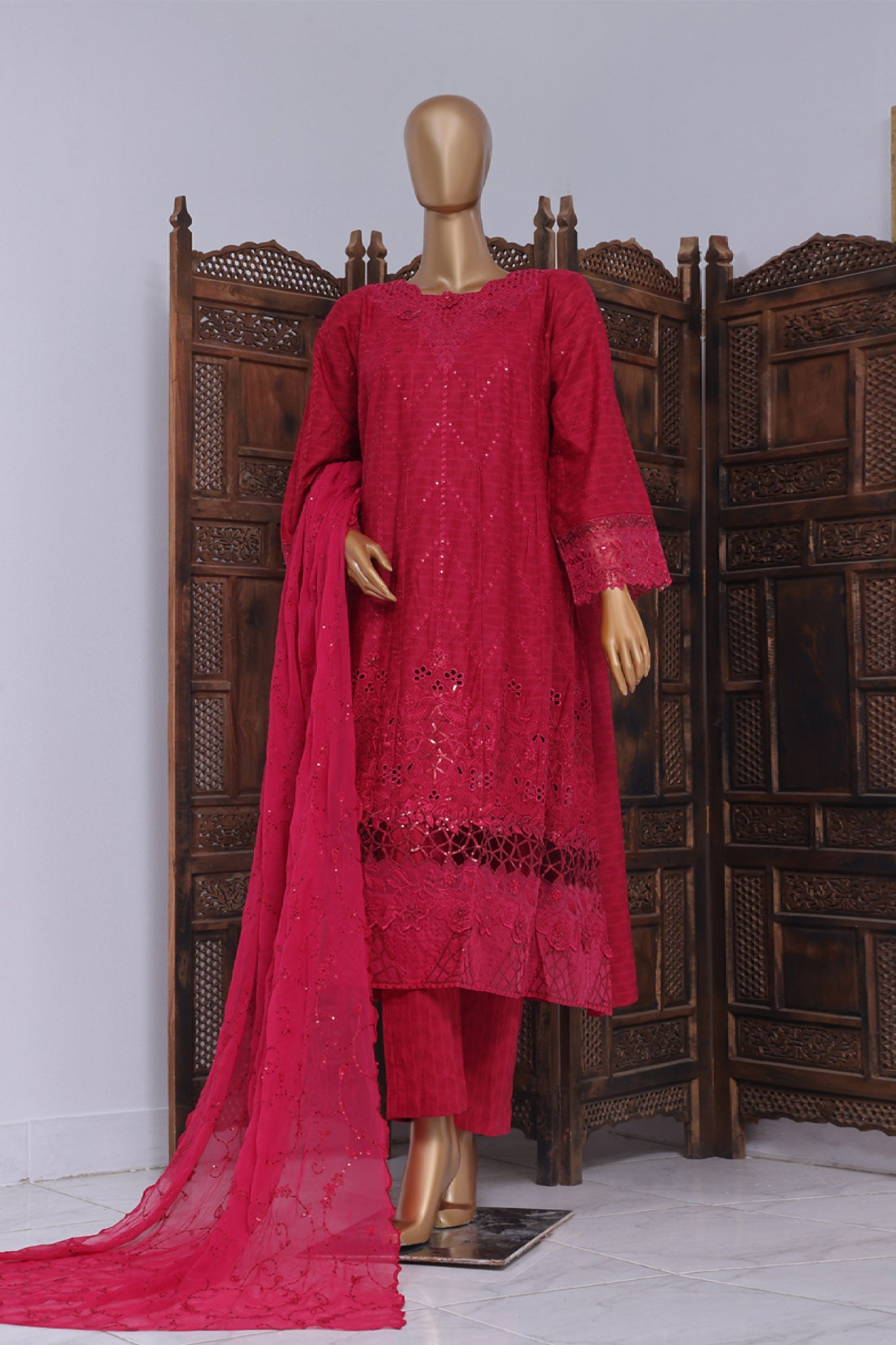 Bin Saeed Stitched 3 Piece Luxury Self Emb Cotton Frocks Collection (06)