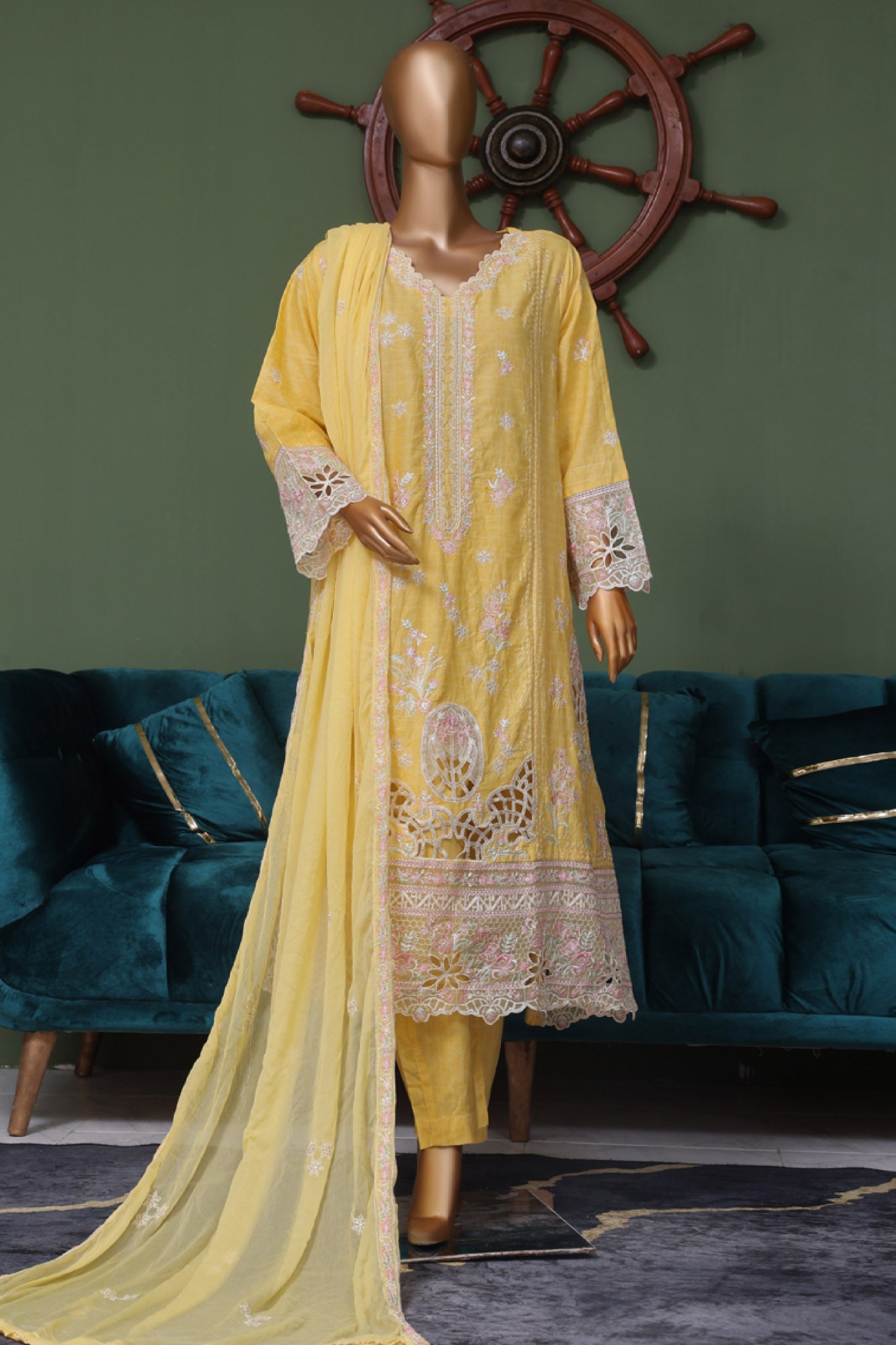 Bin Saeed Stitched 3 Piece Luxury Self Emb Cotton Frocks Collection (02)