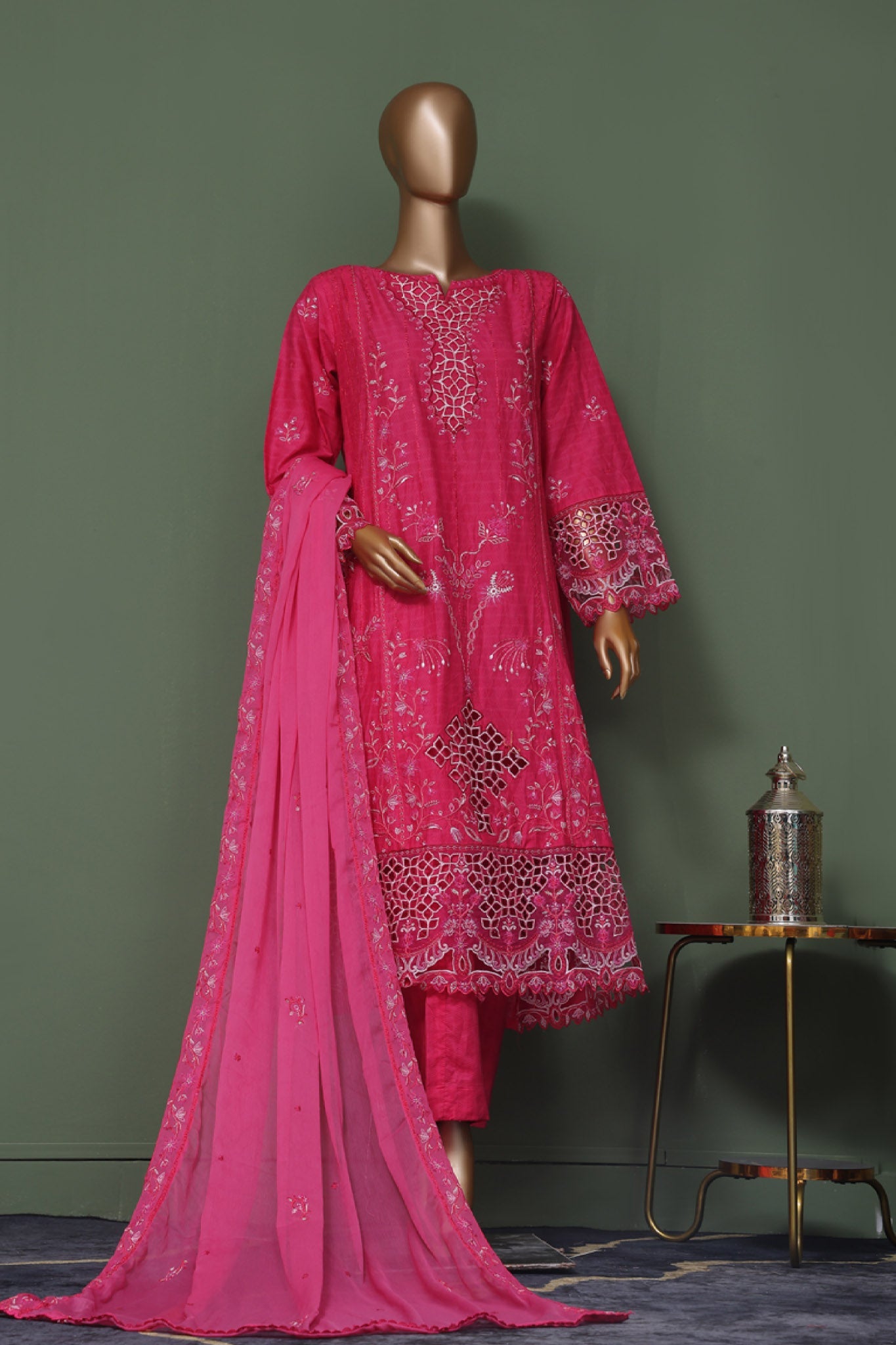 Bin Saeed Stitched 3 Piece Luxury Self Emb Cotton Frocks Collection (04)