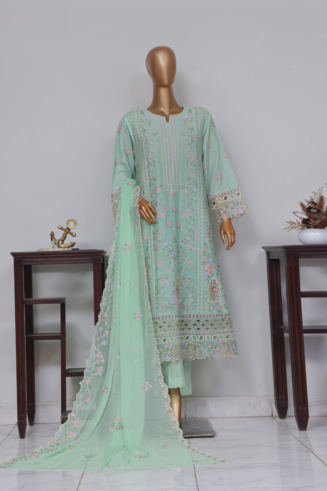 Bin Saeed Stitched 3 Piece Luxury Self Emb Cotton Frocks Collection (03)