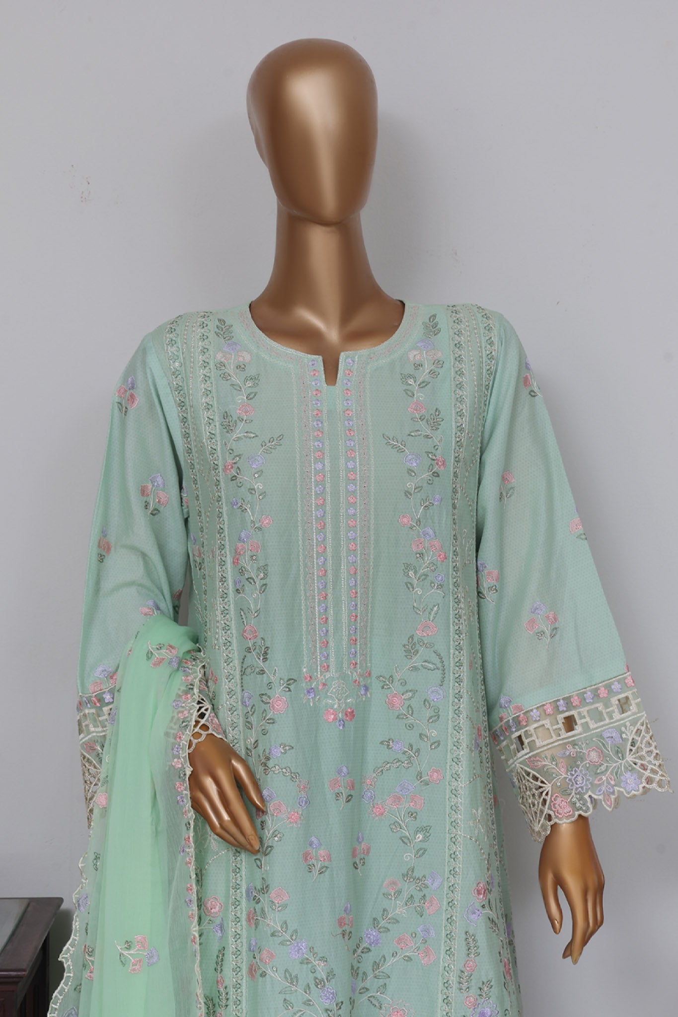 Bin Saeed Stitched 3 Piece Luxury Self Emb Cotton Frocks Collection (03)