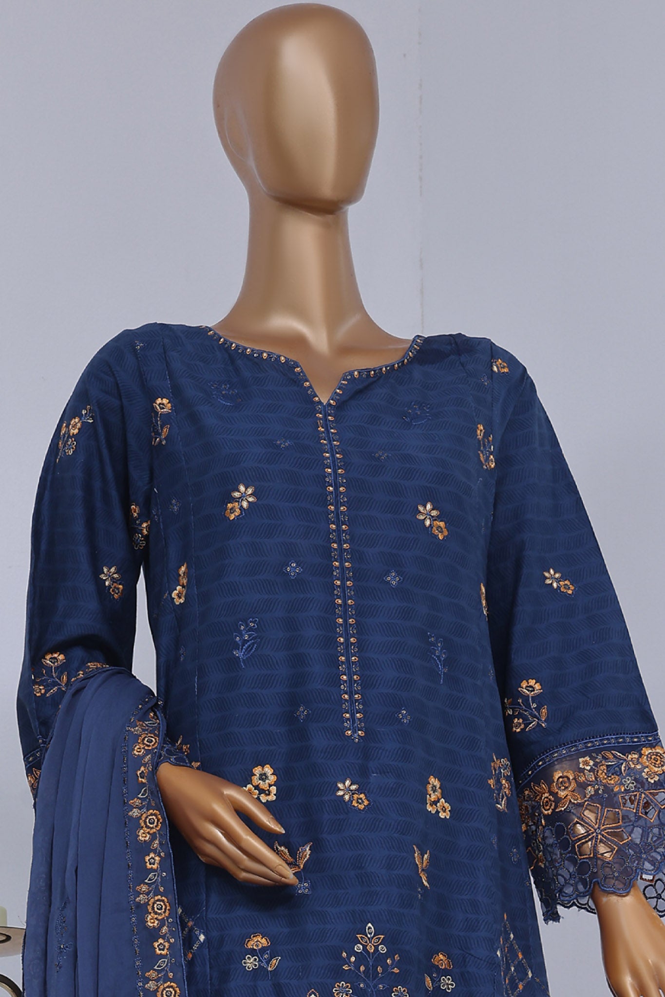 Bin Saeed Stitched 3 Piece Luxury Self Emb Cotton Frocks Collection (07)