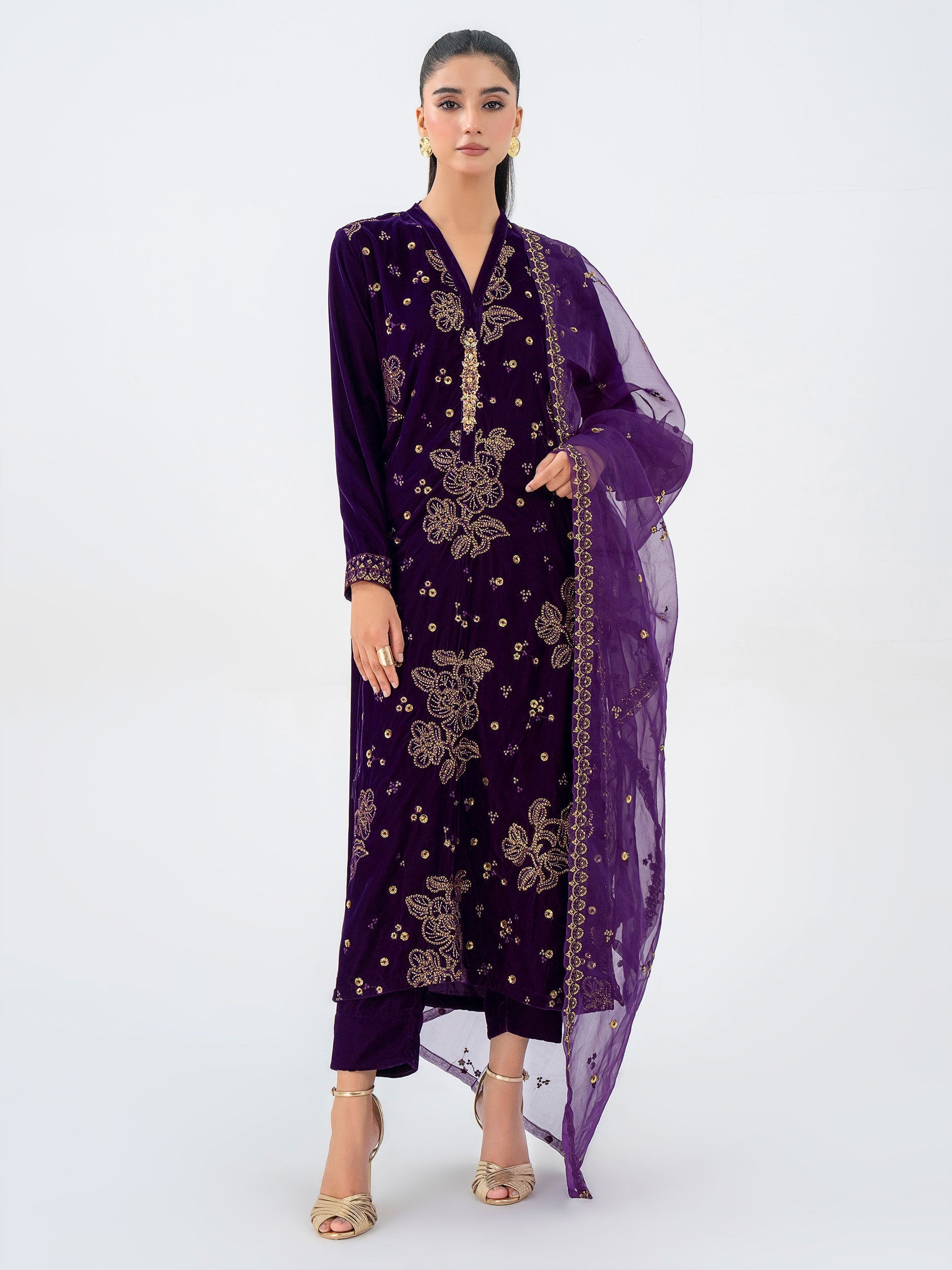 Lime Light 3 Piece Velvet Suit-Embroidered (Pret) 001