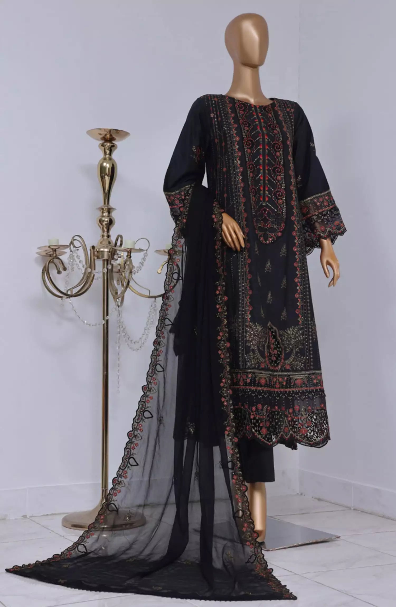 Bin Saeed Stitched 3 Piece Luxury Self Emb Cotton Frocks Collection (08)