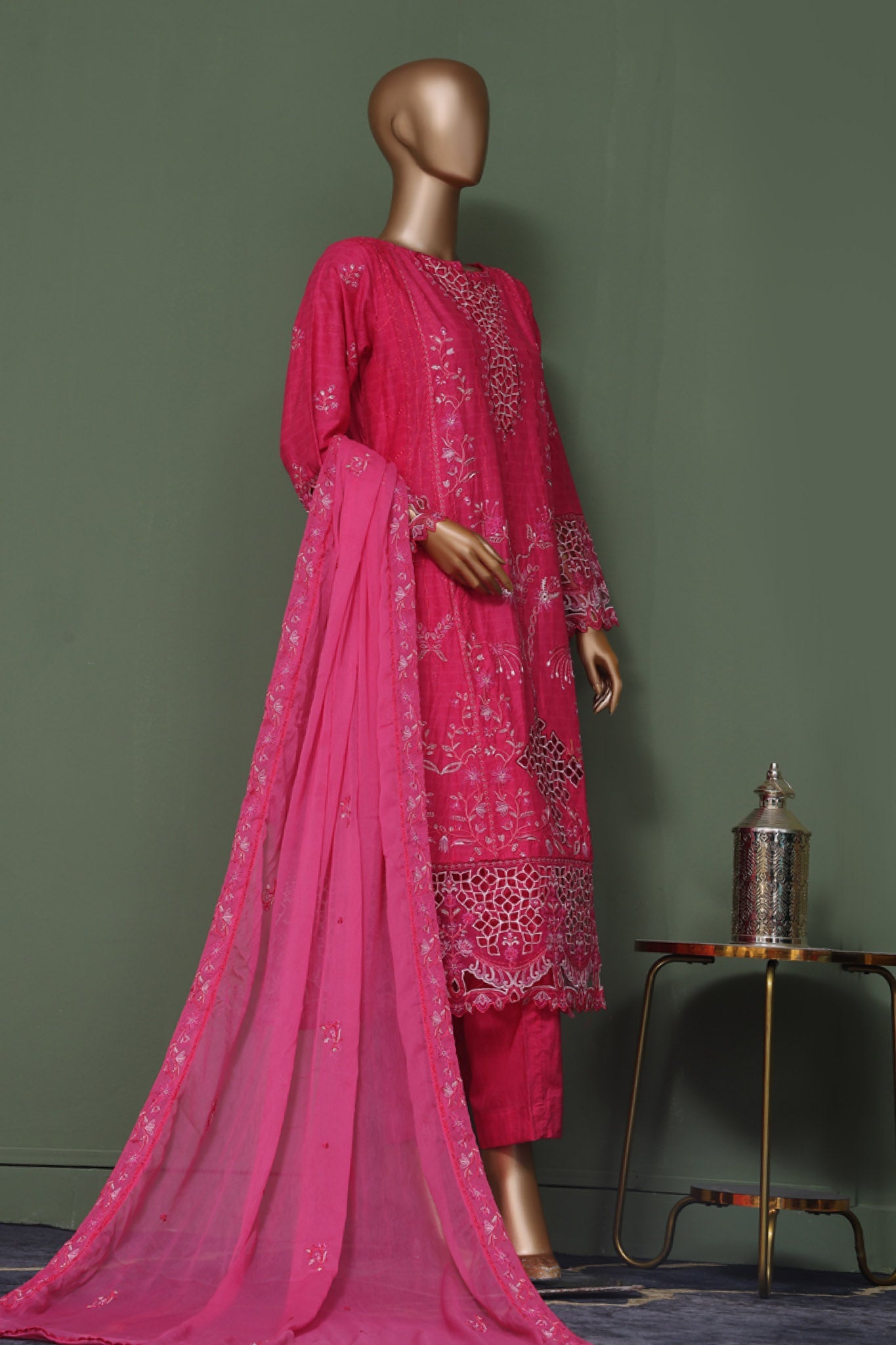 Bin Saeed Stitched 3 Piece Luxury Self Emb Cotton Frocks Collection (04)