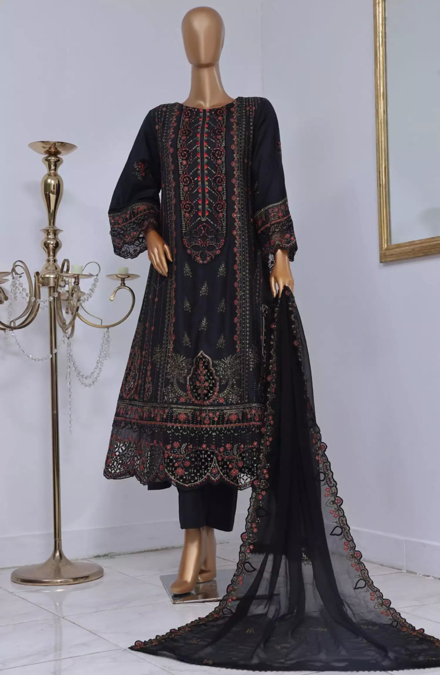 Bin Saeed Stitched 3 Piece Luxury Self Emb Cotton Frocks Collection (08)