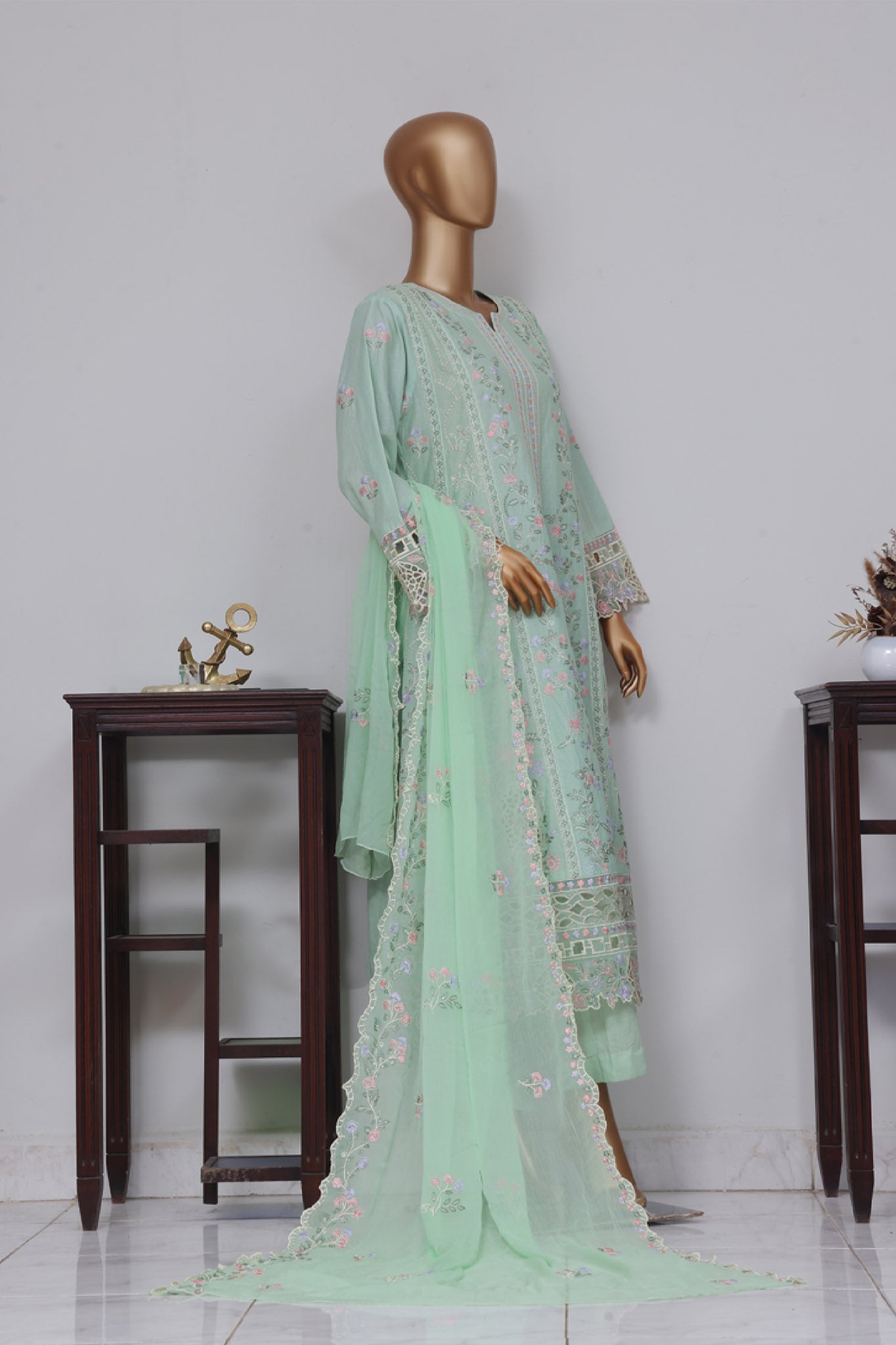 Bin Saeed Stitched 3 Piece Luxury Self Emb Cotton Frocks Collection (03)