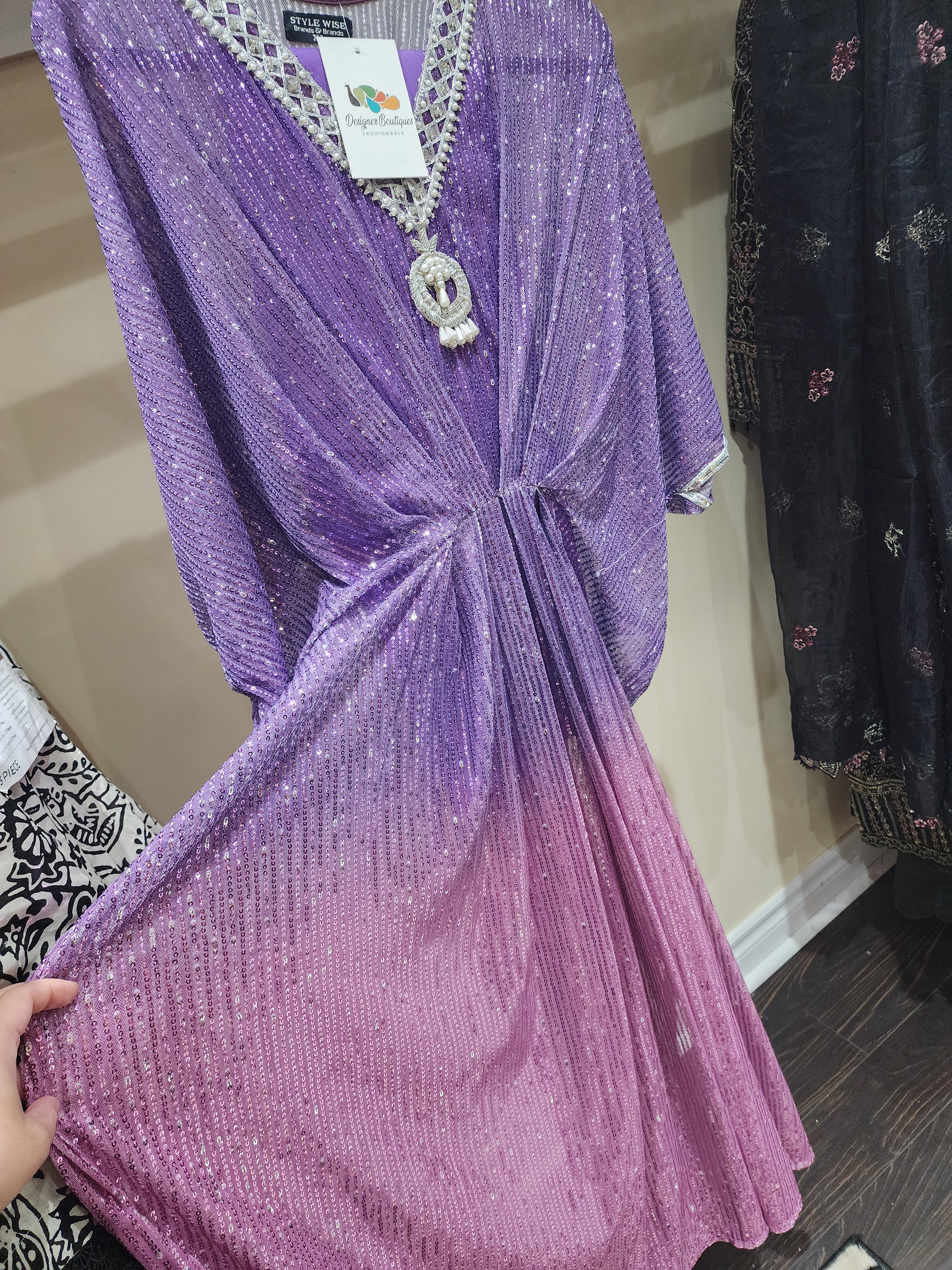 Original pakistani Designers Brand Chiffon Sequins Hand Work Kaftan.