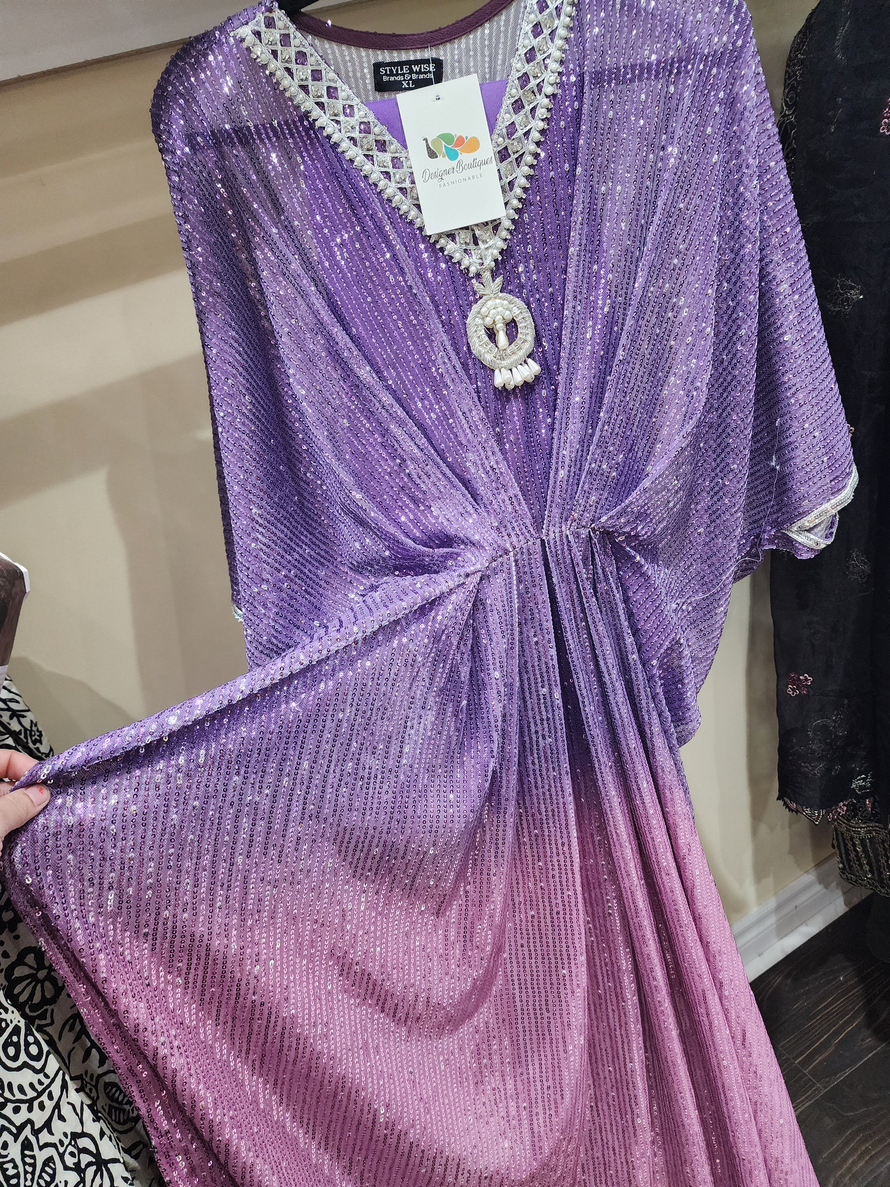 Original pakistani Designers Brand Chiffon Sequins Hand Work Kaftan.