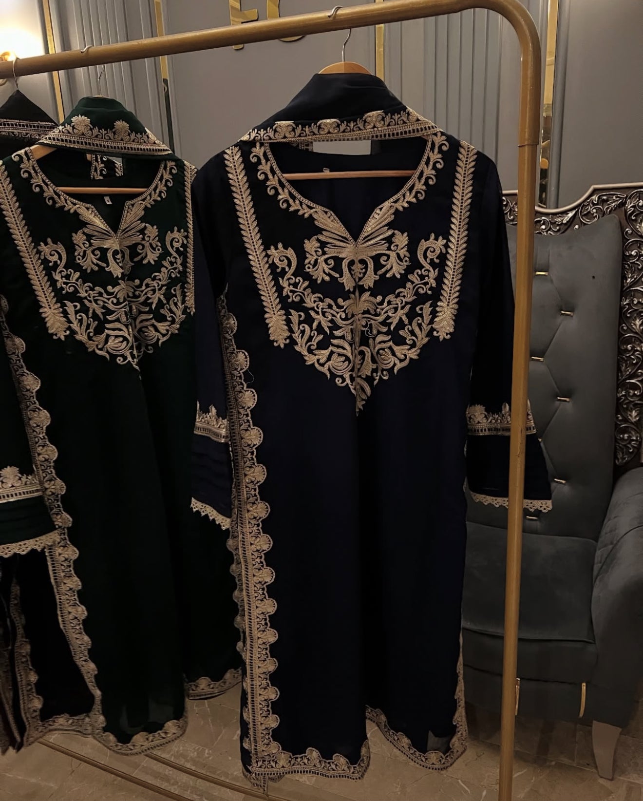 Chiffon heavy embroidered front and back 
With heavy embroidered dopatta
Silk trousers