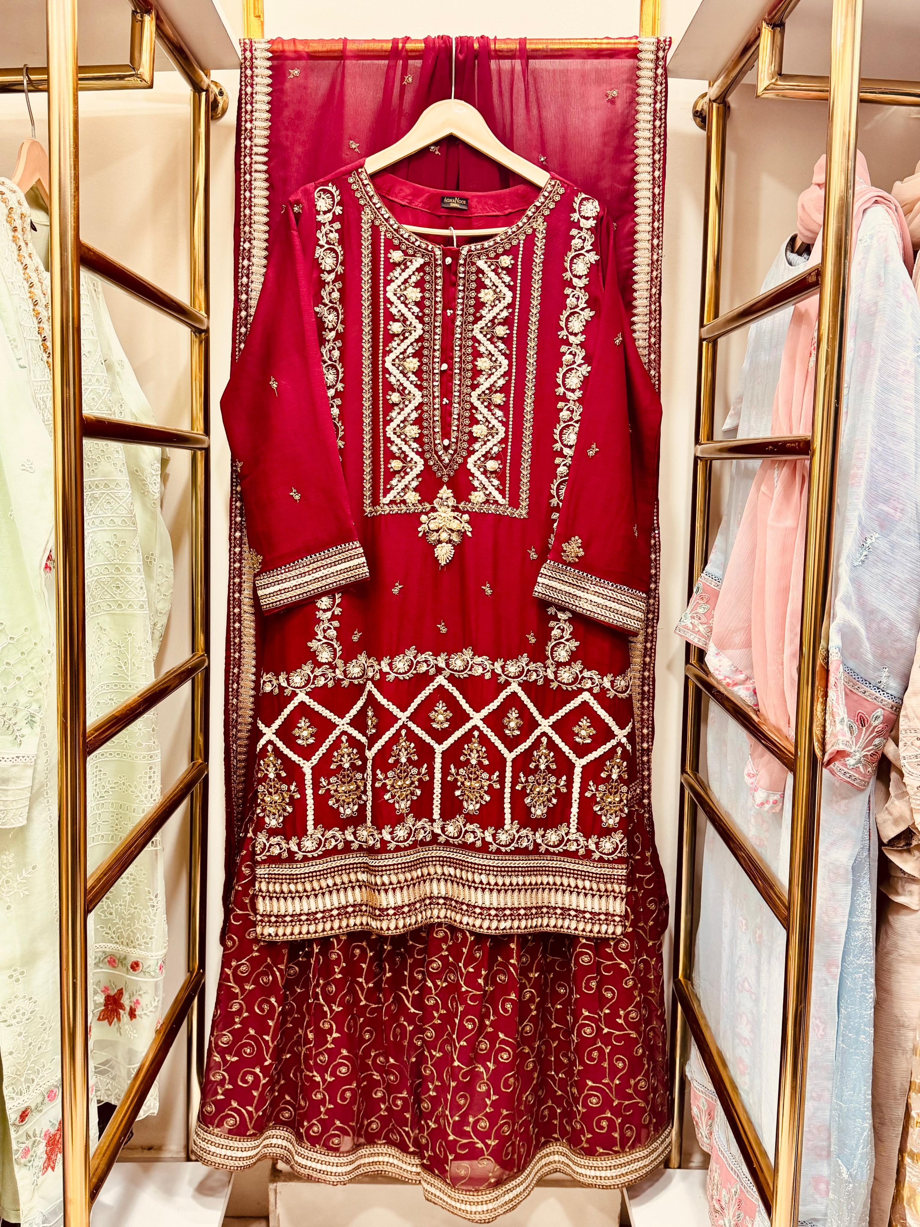 Original pakistani Luxury Garara Chiffon Stitched 3PC  .
