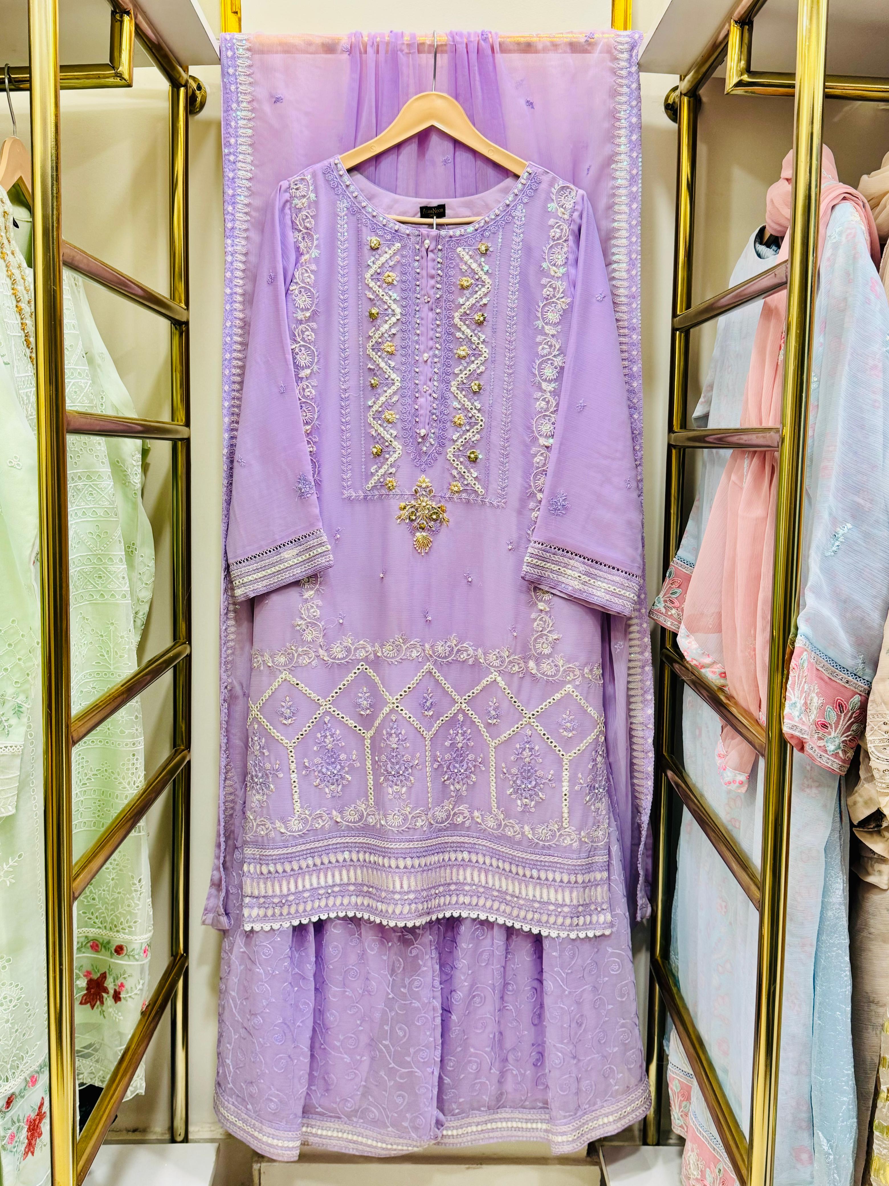 Original pakistani Luxury Garara Chiffon Stitched 3PC  .
