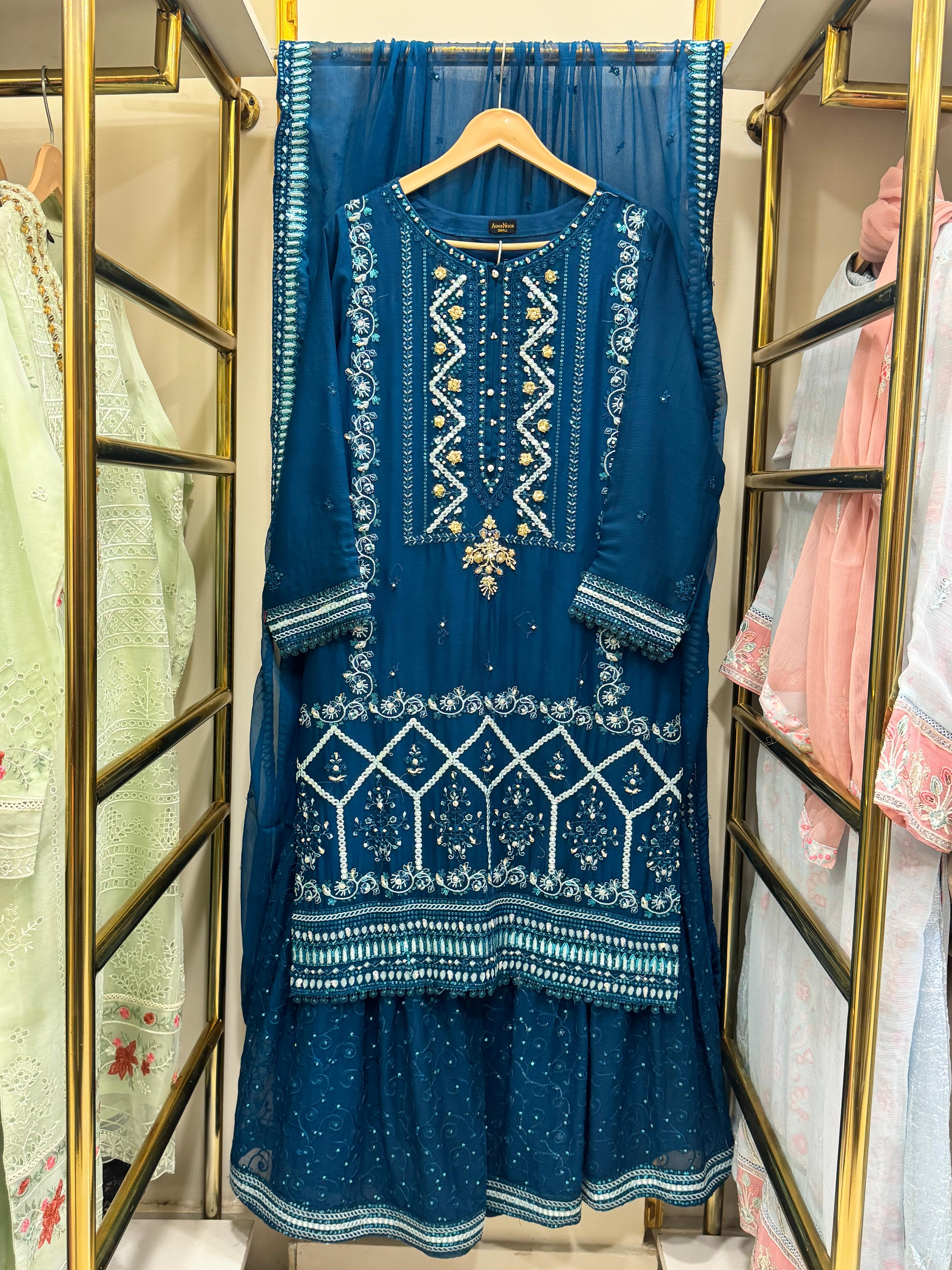 Original pakistani Luxury Garara Chiffon Stitched 3PC  .