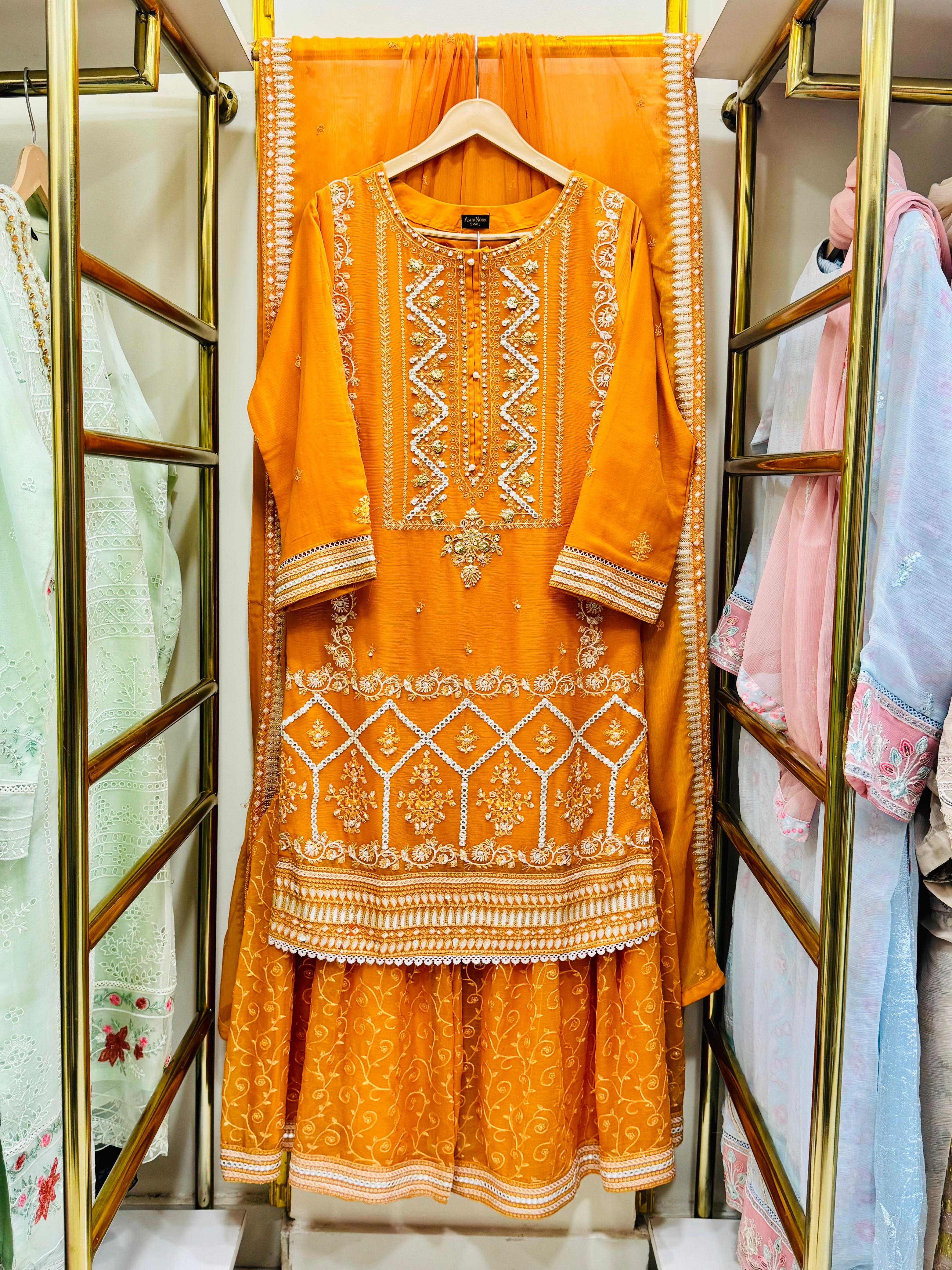 Original pakistani Luxury Garara Chiffon Stitched 3PC  .