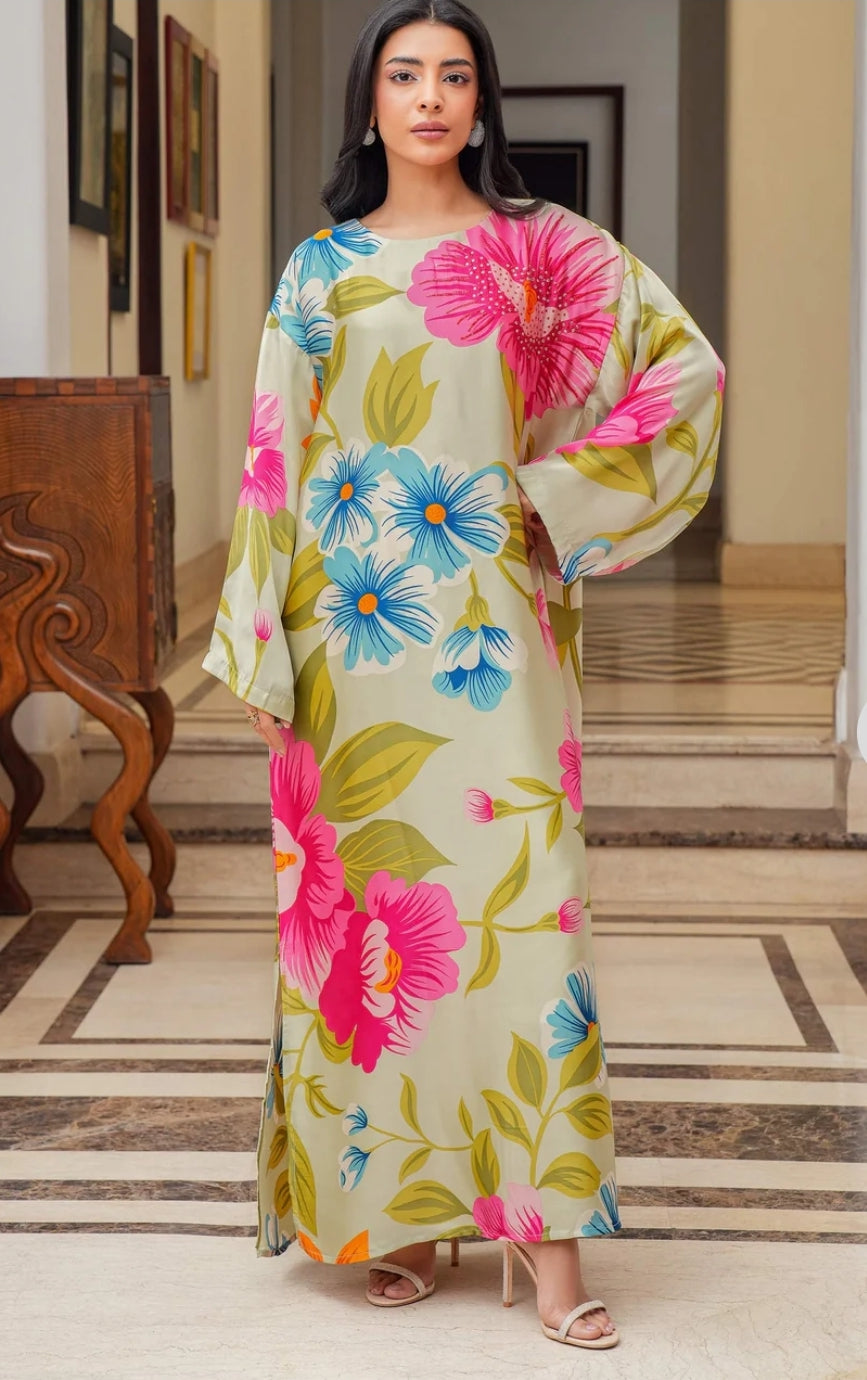 Limelight Printed Silk with Hand Work Long Maxi Kaftan .