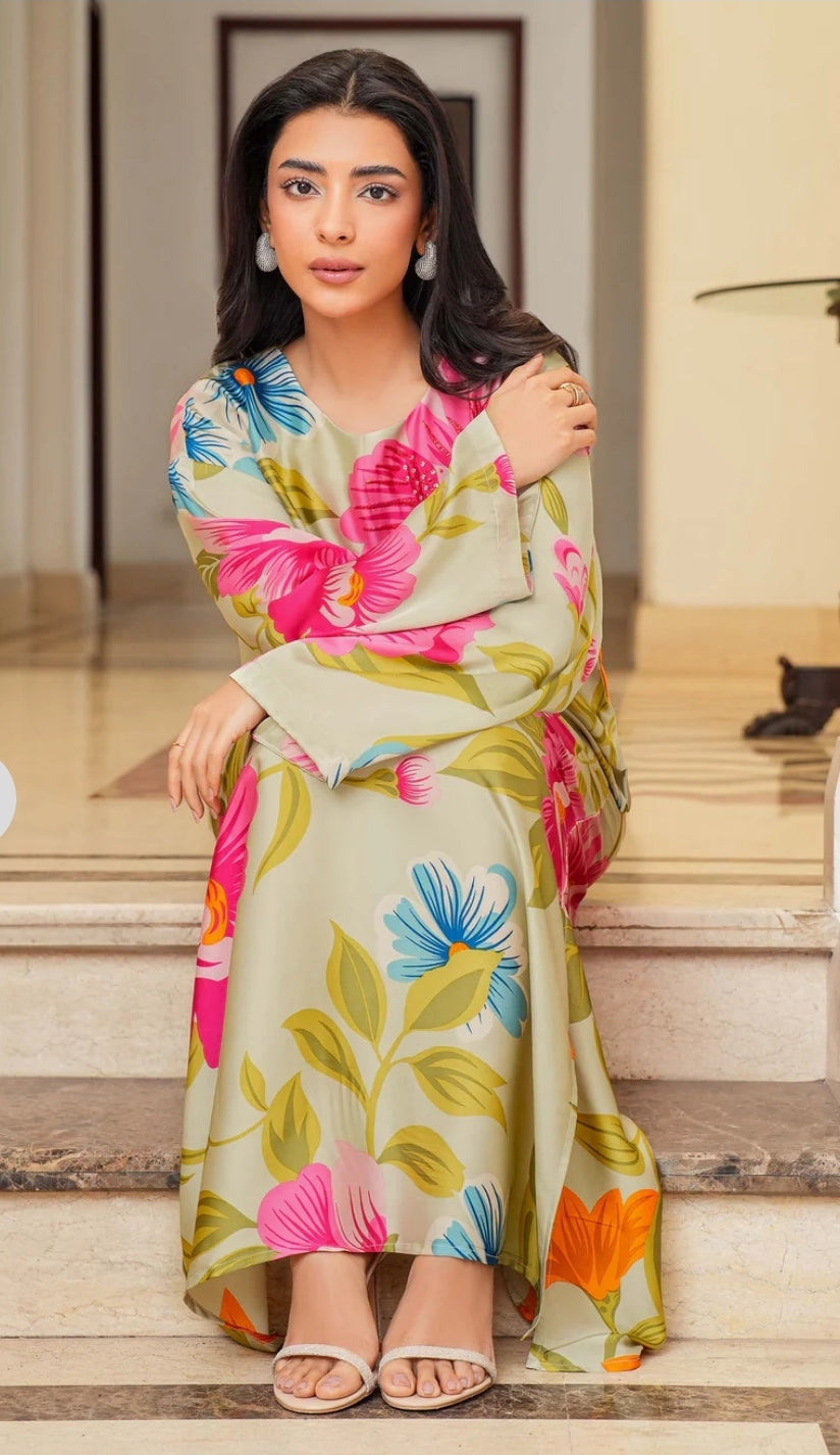 Limelight Printed Silk with Hand Work Long Maxi Kaftan .