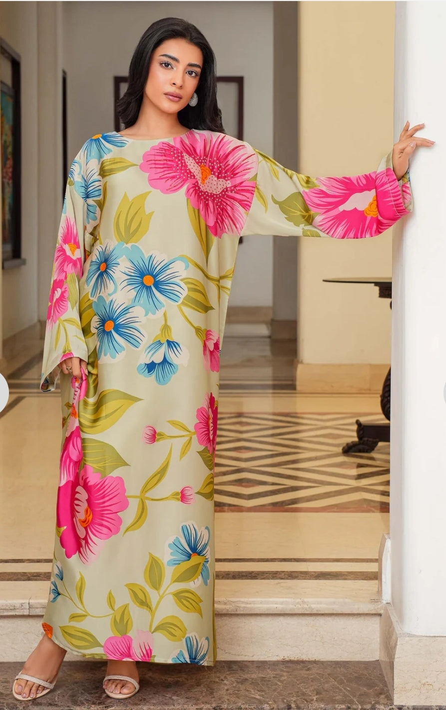 Limelight Printed Silk with Hand Work Long Maxi Kaftan .