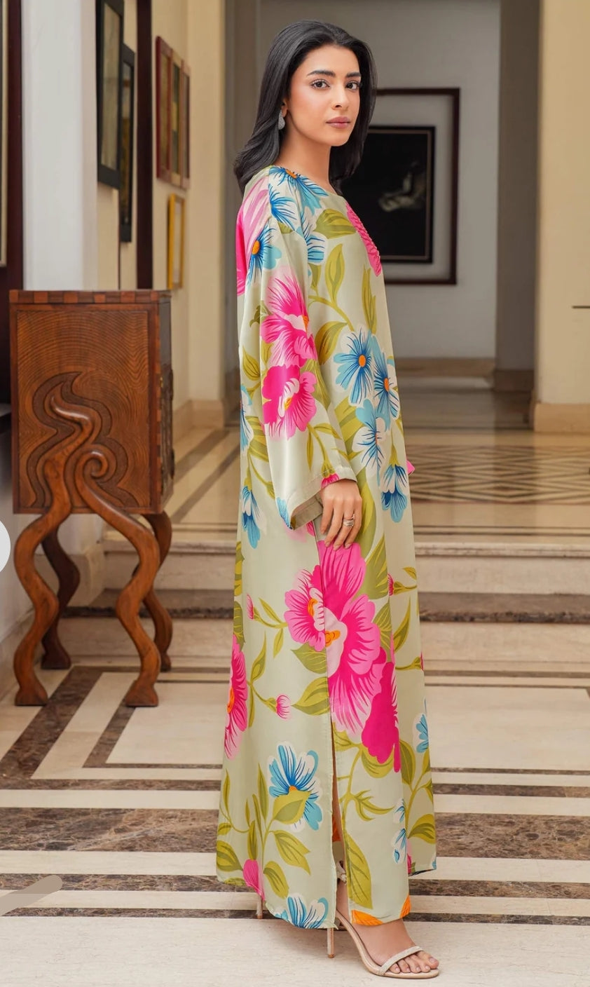 Limelight Printed Silk with Hand Work Long Maxi Kaftan .