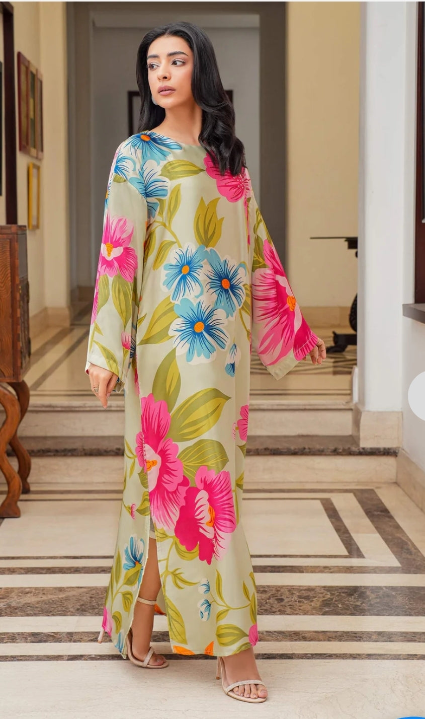 Limelight Printed Silk with Hand Work Long Maxi Kaftan .