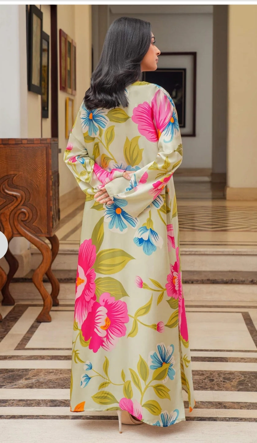 Limelight Printed Silk with Hand Work Long Maxi Kaftan .
