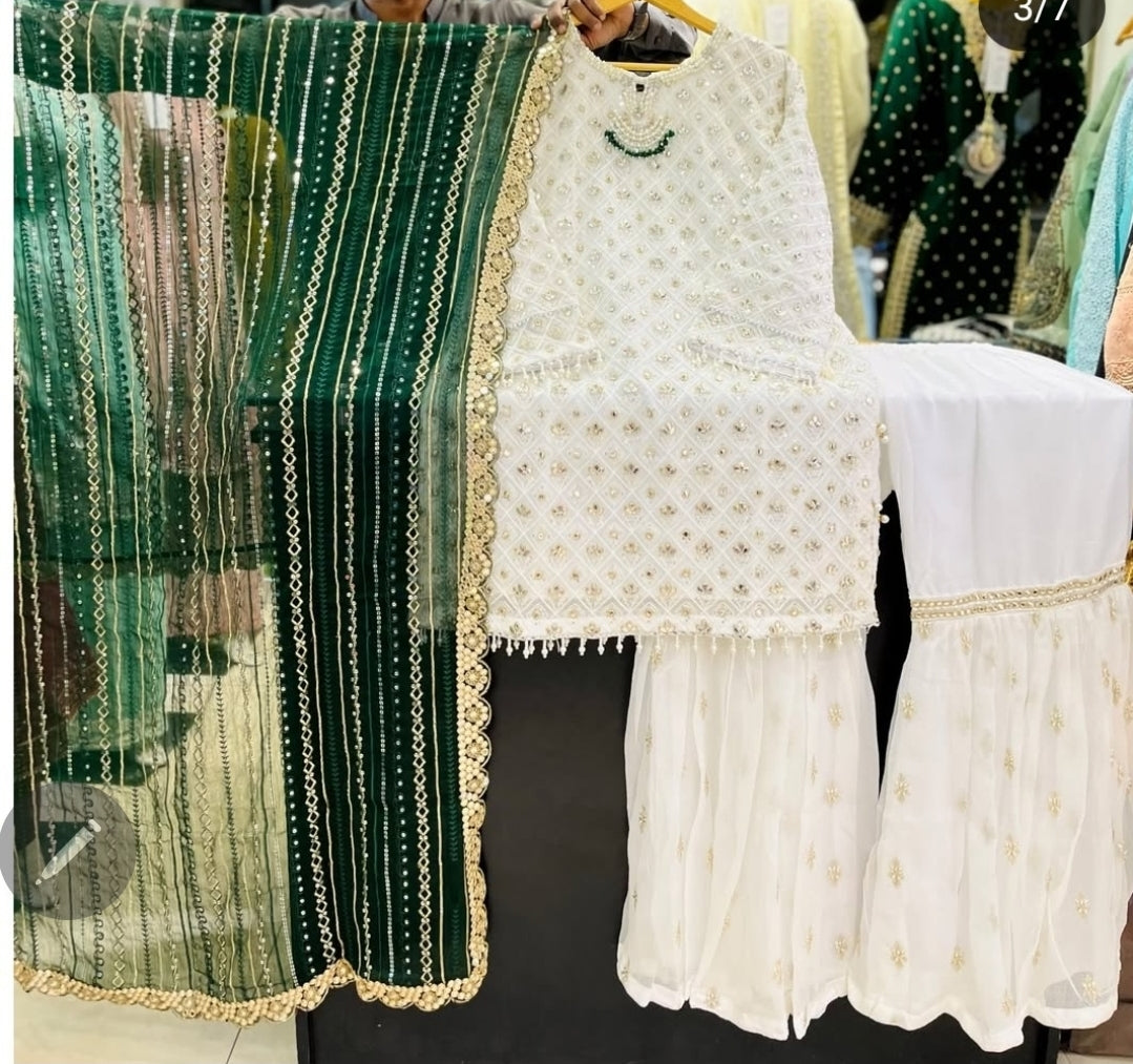 Original pakistani Luxury Garara Chiffon Stitched 3PC  .