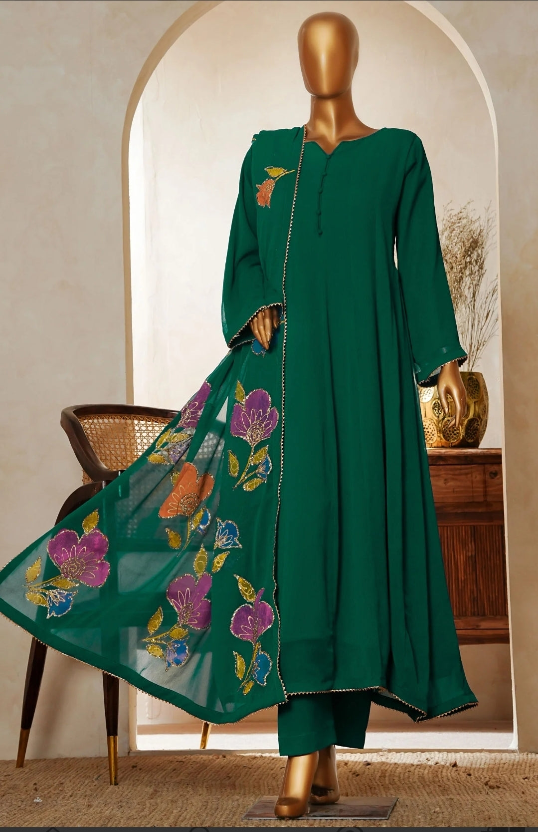 Amna Kadija Luxury Chiffon Long Maxi Gown Stitched 3PC Collection.