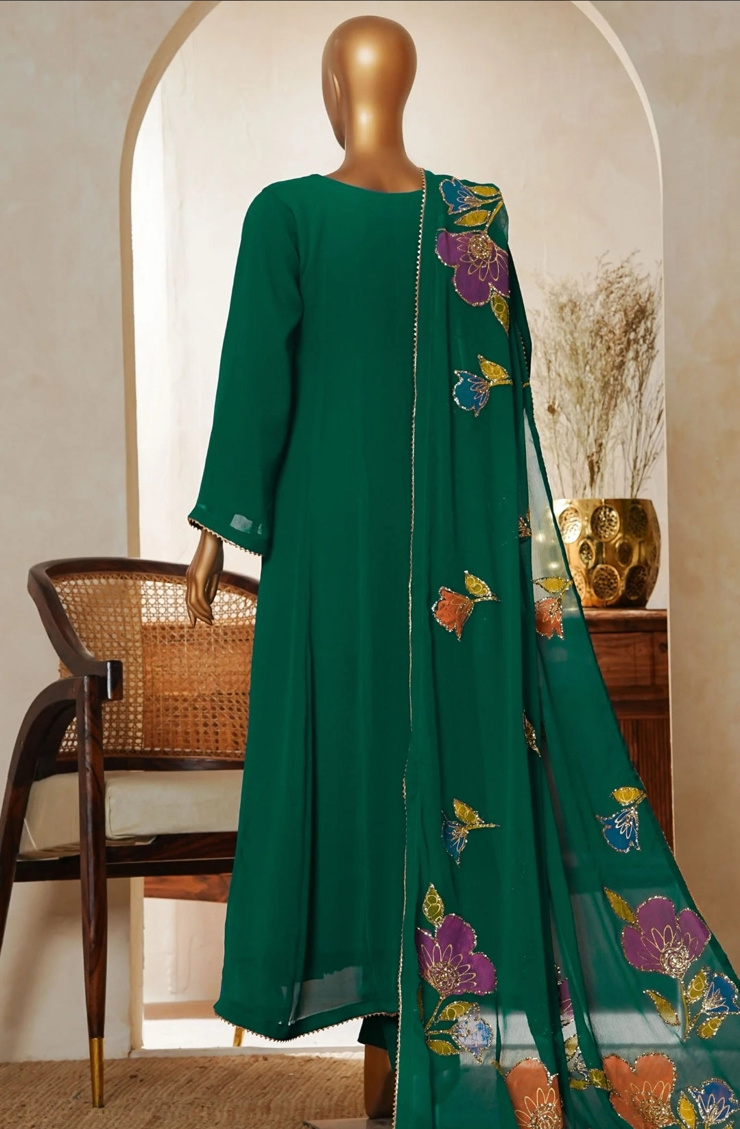 Amna Kadija Luxury Chiffon Long Maxi Gown Stitched 3PC Collection.