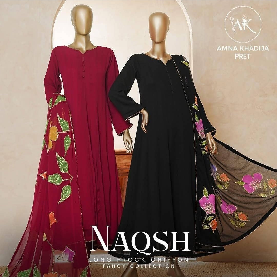 Amna Kadija Luxury Chiffon Long Maxi Gown Stitched 3PC Collection.